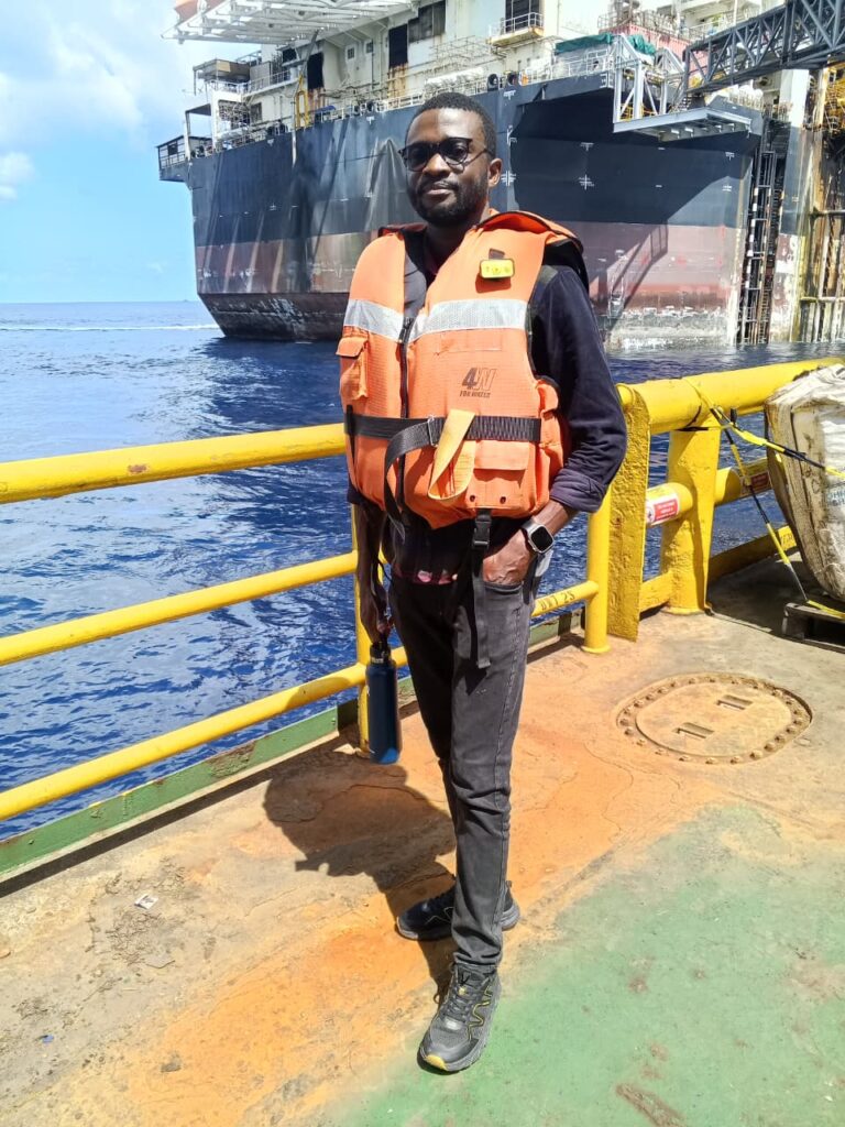 Supremo Mafufu Simão, Founder & Chief Editor of Global Trip Help ready to cross gangway from Telford 30 to FPSO Dalia, Block 17, Angola