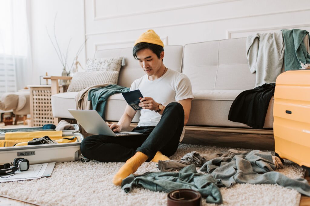 International traveler backpacker planning a journey with safe travel insurance coverage