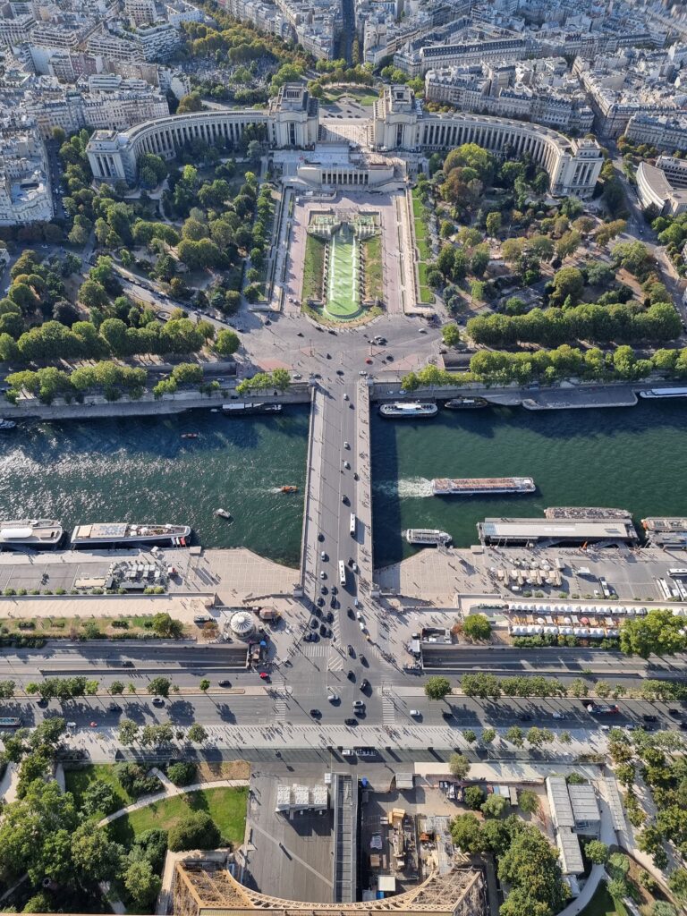 Panoramic view of Paris and the Seine from the Eiffel Tower's second level