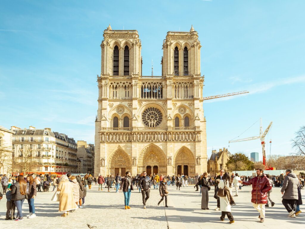Notre-Dame Cathedral's gothic towers seen from the public plaza