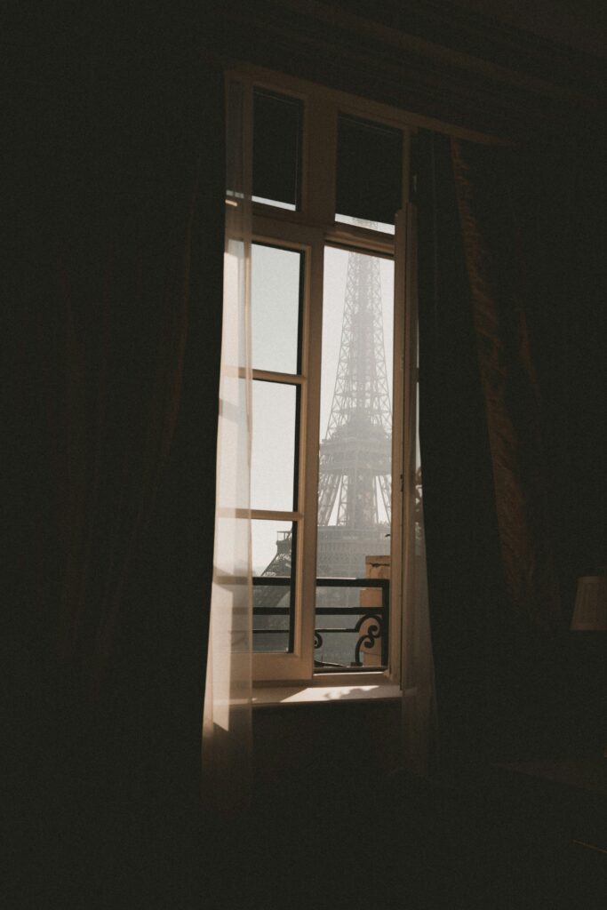Hotel room view of the Eiffel Tower in Paris's 7th arrondissement