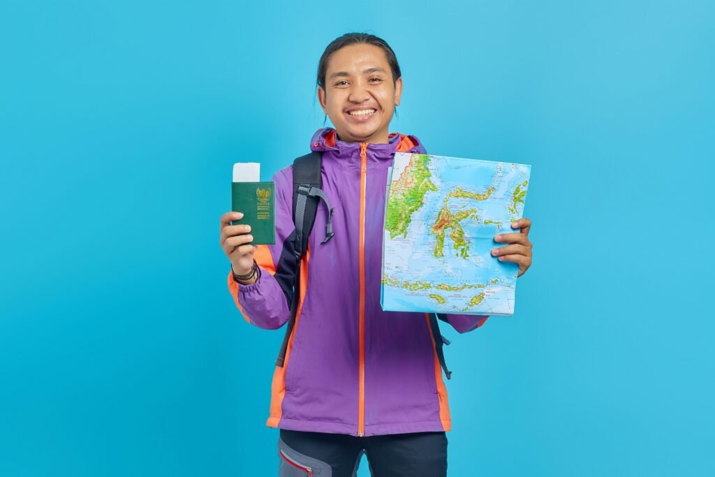 International tourist holding a passport and travel insurance document